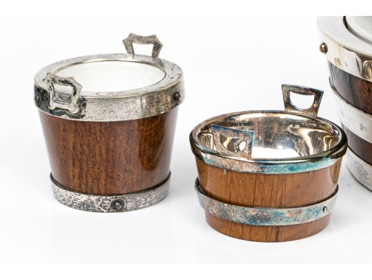 Five Piece Antique English Oak And Silverplate Salt And Condiment Set