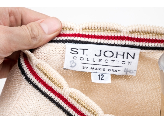 St. John Ivory White Button Up Red, Blue And Gold-toned Cardigan, Size 12