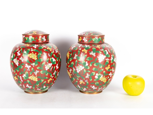 Pair Of Chinese Cloisonné Red Lidded Ginger Jars With Floral Motifs