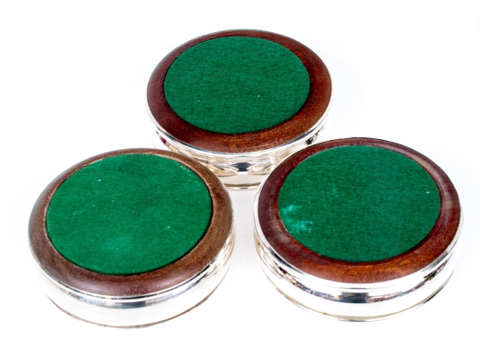 Set Of Three English Silverplate Wine Bottle Coasters
