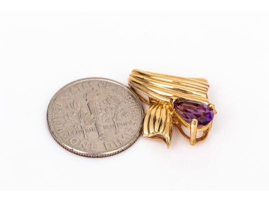 14k Yellow Gold Contemporary Pear Amethyst Swirl Pendant