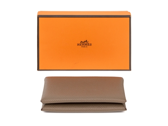 Hermes Taupe Leather Calvi Card Holder, With Box
