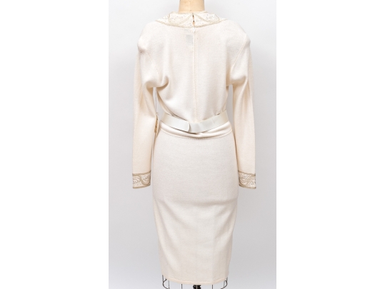 St. John Ivory White Sweater Dress With Sequinned Collar, Size 10