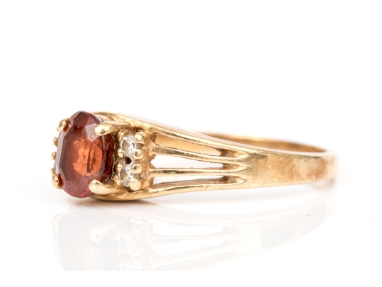 14k Yellow Gold Garnet And Diamond Ring, App. 0.04 TCW In Diamonds, Size 6