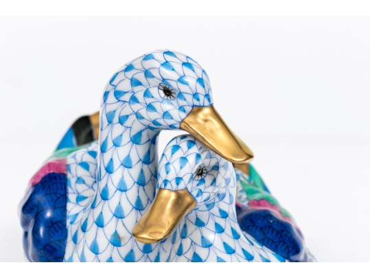 Herend Hungary Hand-Painted Porcelain Ducks – Blue Fishnet With Polychrome Feathers