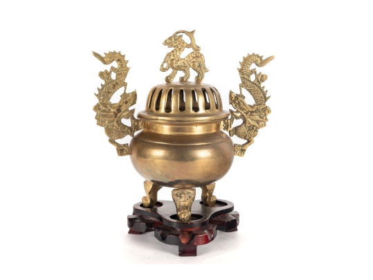Chinese Brass Censer With Dragon Handles And Mythical Beast Finial