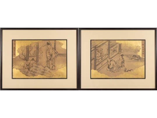 Pair Of Gilt Vintage Chinese Ink Illustrations 