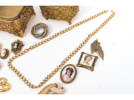 Collection Of Fashion And Limoge Brooches, Necklace And Two Jewelry Boxes