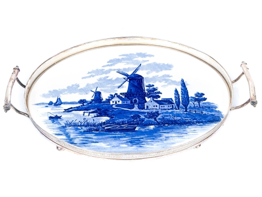 Vintage Silverplate And Blue And White Porcelain Tray