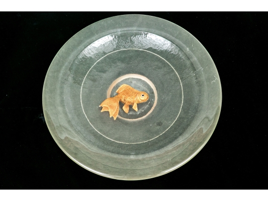 Large Quality Decorative Glass Bowl With Raised And Gilt Finished Koi Fish