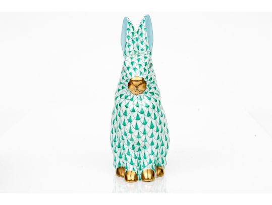 Herend Hungary Hand-Painted Porcelain Rabbit Figure, Green Fishnet Pattern
