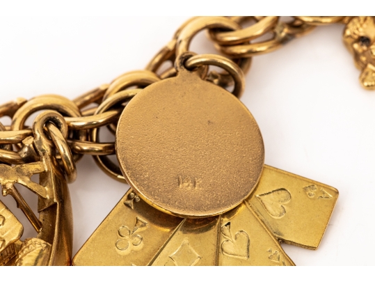 14k Yellow Gold Fabulous Vintage Travel Motif Charm Bracelet, With 14k, 10k And 9k Assorted Charms