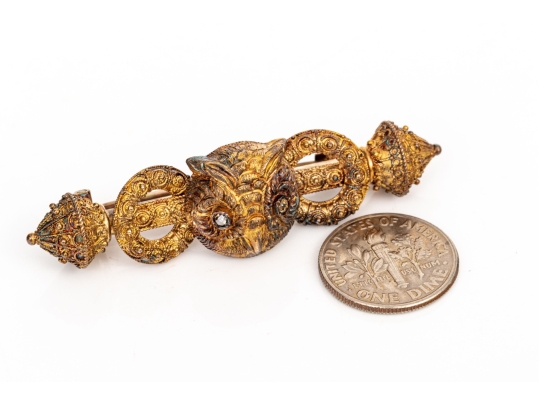 14k Gold Antique Beautiful Ornate Owl Motif Brooch With Rose Cut Diamond Eyes