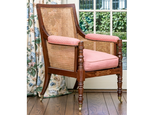 Mahogany And Cane Custom Upholstered Accent Armchair