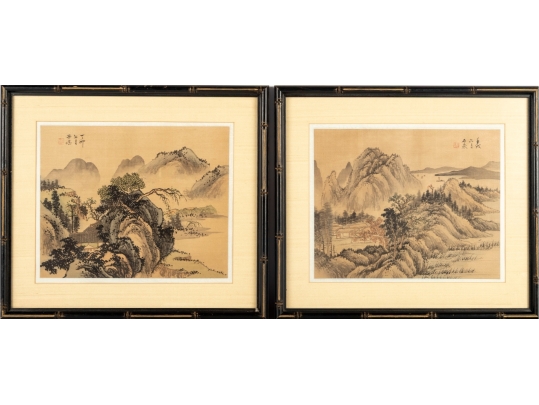 Pair Of Chinese Shan Shui Landscape Paintings On Silk