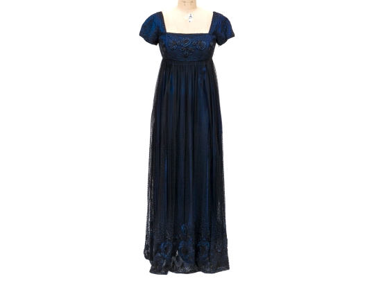 Carmen Marco Valvo Elegant Black And Blue Beaded Evening Dress, Size 6