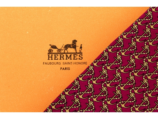 Hermes Burgundy And Gold Anchor Motif Silk Tie, With Box