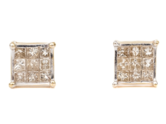 14k Yellow Gold Handsome Pair Of Princess Cut Diamond Cluster Earrings, App. 0.54 TCW