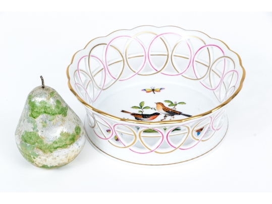 Herend Hungary Hand-Painted Porcelain Reticulated Bowl, Rothschild Bird (RO) Pattern