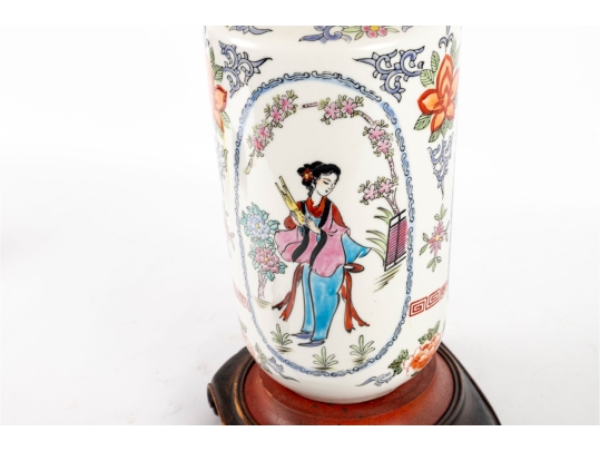 Chinese Famille Rose Porcelain Lamp On Wooden Base