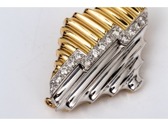 Michael Bondanza Platinum, 18k And Diamond Pair Of Opposing Deco Style Brooches, App. 1.20 TCW