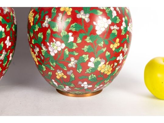 Pair Of Chinese Cloisonné Red Lidded Ginger Jars With Floral Motifs