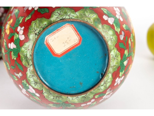 Pair Of Chinese Cloisonné Red Lidded Ginger Jars With Floral Motifs