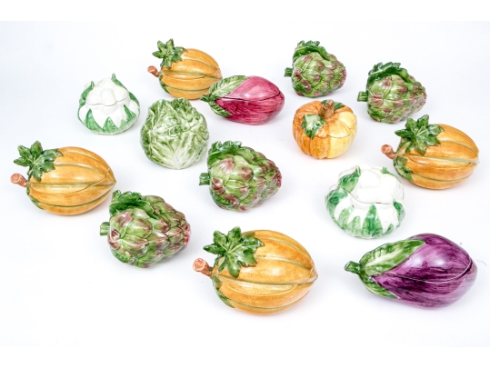 Fourteen Italian Hand-painted Naturalistic Vegetable Form Lidded Bowls Including Vietri