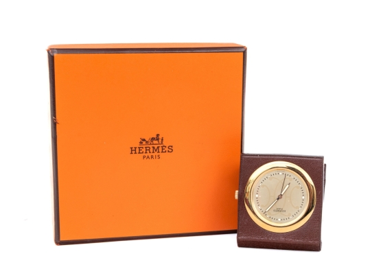 Hermes Diminutive Travel Alarm In Leather Case, Boxed