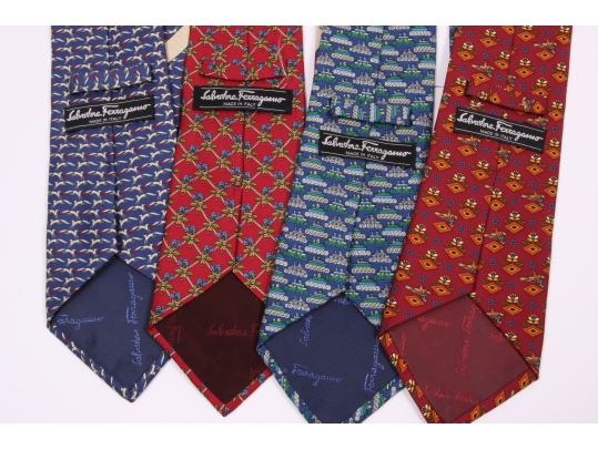 Four Beautiful Salvatore Ferragmo Mens Silk Neck Ties, Made In Italy