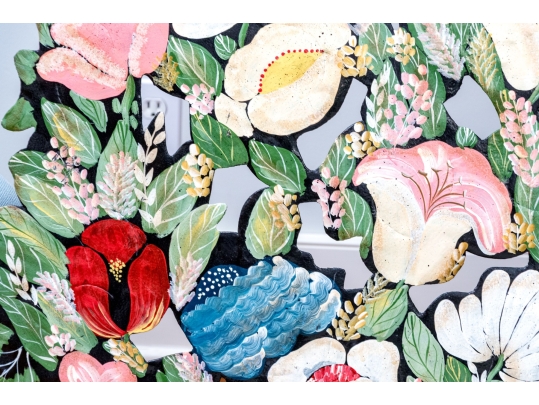 Antique Whimsical Hand-painted Tole Floral Bouquet Form Easel Back Fire Screen