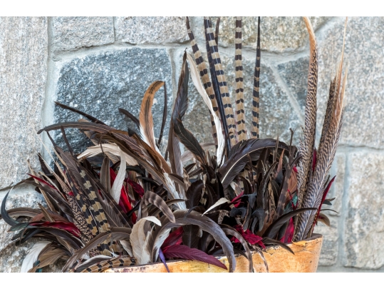 Decorative Glazed Ceramic Vase With Feathers