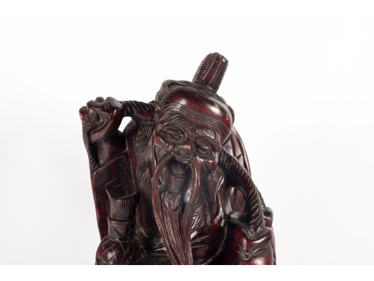Chinese Carved Wood Figure Of Shou Lao With Carp