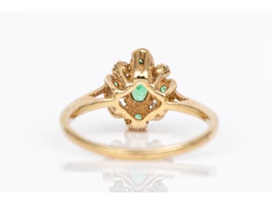 14k Yellow Gold Vintage Emerald And Diamond Cluster Ring, App. 0.04 TCW, Size 5.75