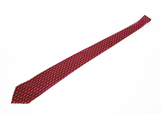 Hermes Burgundy And Gold Anchor Motif Silk Tie, With Box