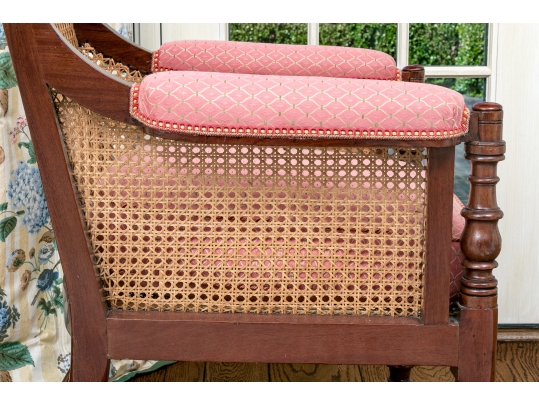 Mahogany And Cane Custom Upholstered Accent Armchair