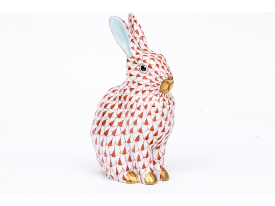 Herend Hungary Porcelain Seated Bunny Figure, Rust Fishnet Pattern