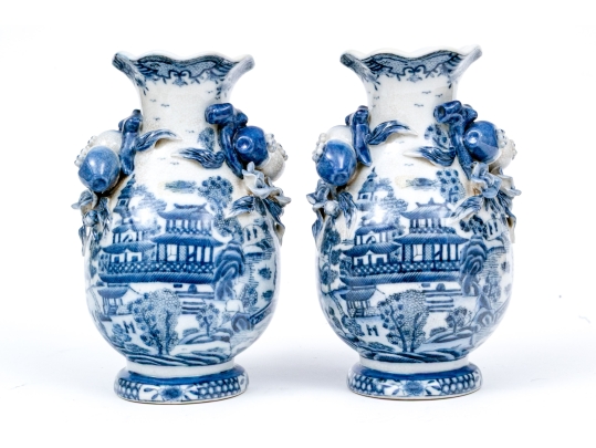 Pair Of Decorative Chinese Export Style Blue And White Porcelain Vases 