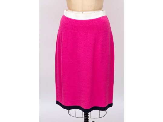 St. John Pink And Navy Blue Cardigan And Skirt Suit, Size 12