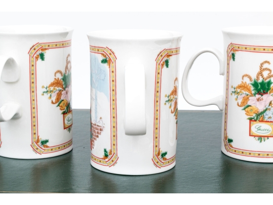 Gucci Vintage Set Of Six Bone China Christmas Themed Mugs, Boxed