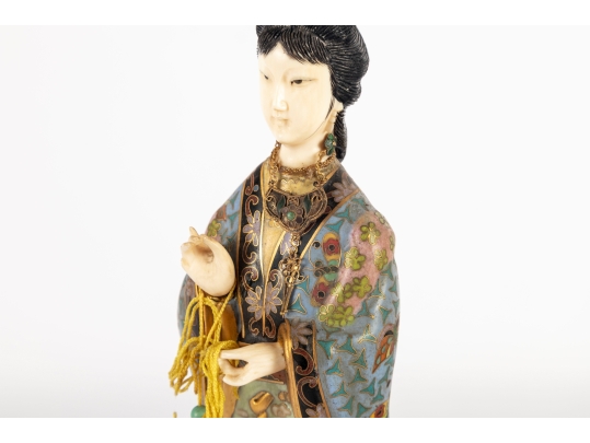 Vintage Chinese Cloisonne Enamel And Ormolu Guanyin Sculpture