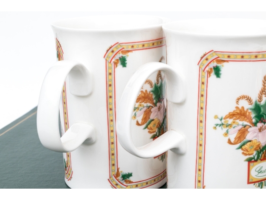 Gucci Vintage Set Of Six Bone China Christmas Themed Mugs, Boxed