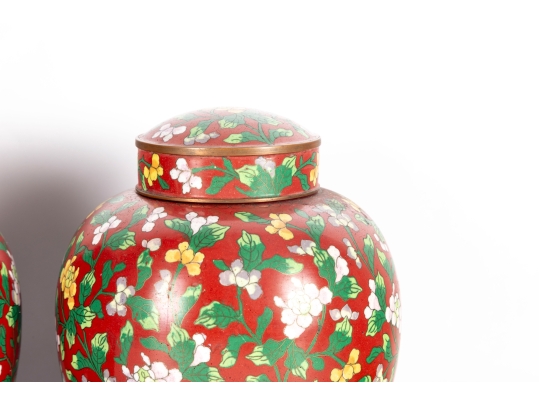 Pair Of Chinese Cloisonné Red Lidded Ginger Jars With Floral Motifs