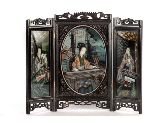 Vintage Chinese Reverse Glass Painted Table Screen