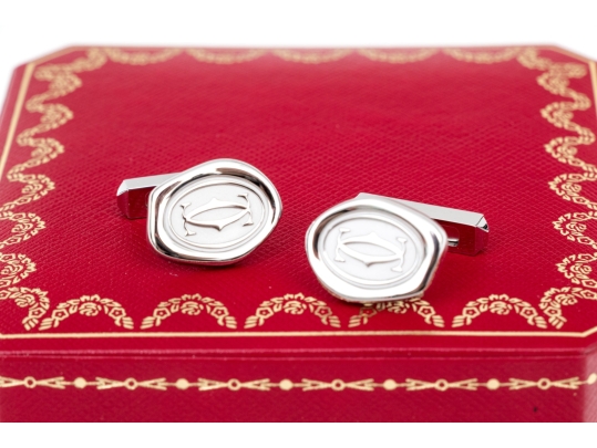 Cartier Sterling Silver Promotional Wax Seal Logo Motif Cufflinks, With Box 
