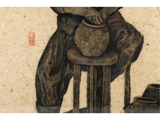 Pair Of Framed Asian Ink Drawings On Textured Paper