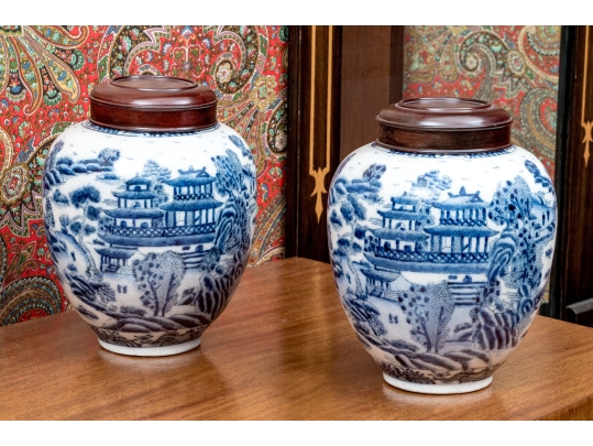 Pair Of Decorative Chinese Porcelain Ginger Jars With Wood Lids