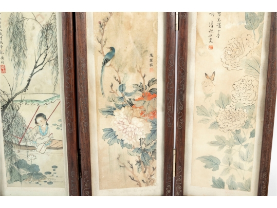 Vintage Chinese Folding Table Screen With Hand-Painted Scenes