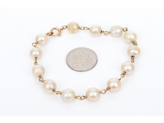 14k Yellow Gold Handsome 7.25mm To 7.75 Mm Cultured Baroque Tin Cup Style Bracelet