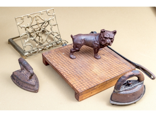 Vintage And Antique Table Pieces Including Paper Cutter, Irons, Doorstop, Book Stand